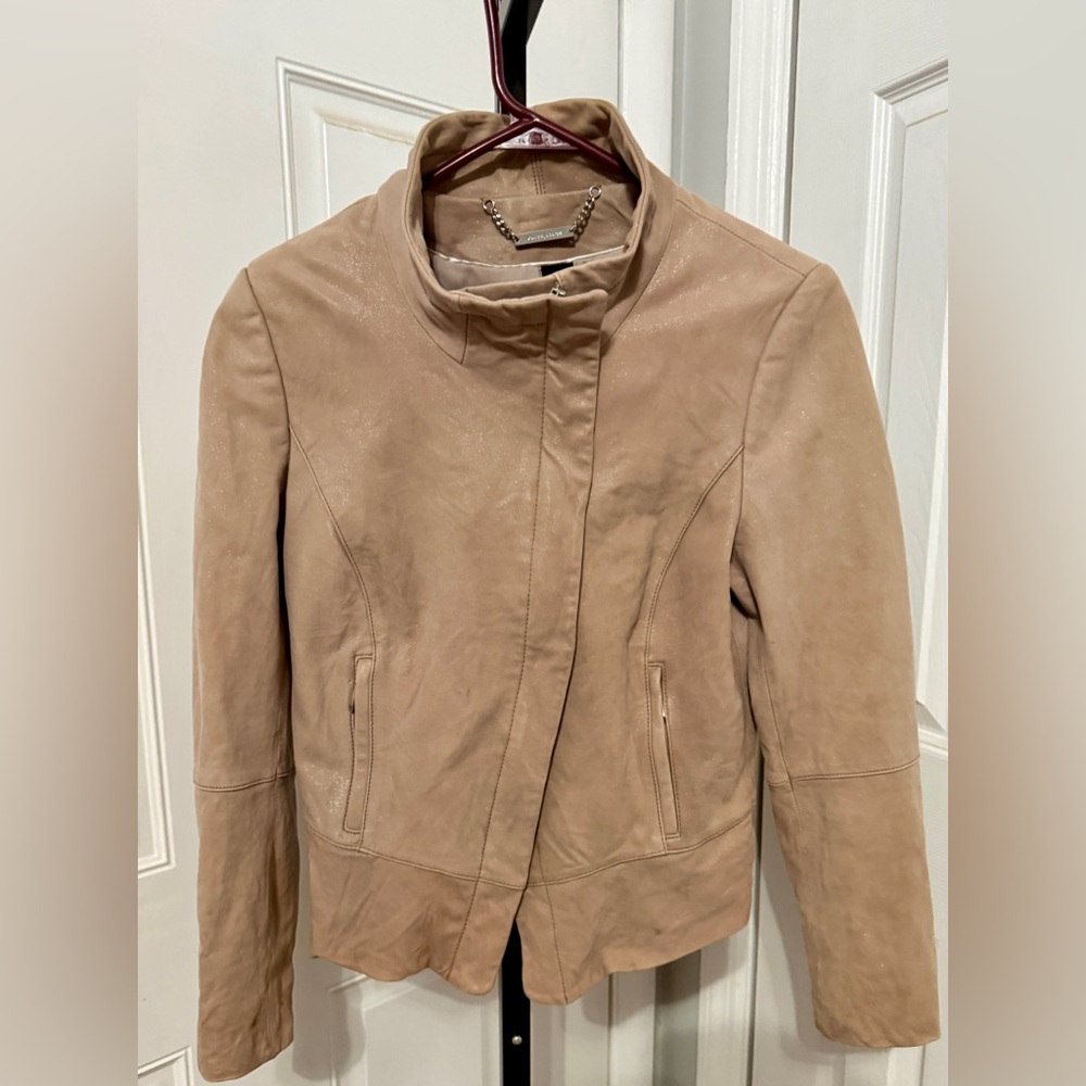 White House Black Market Beige Leather Jacket‎ with Gold Shimmer